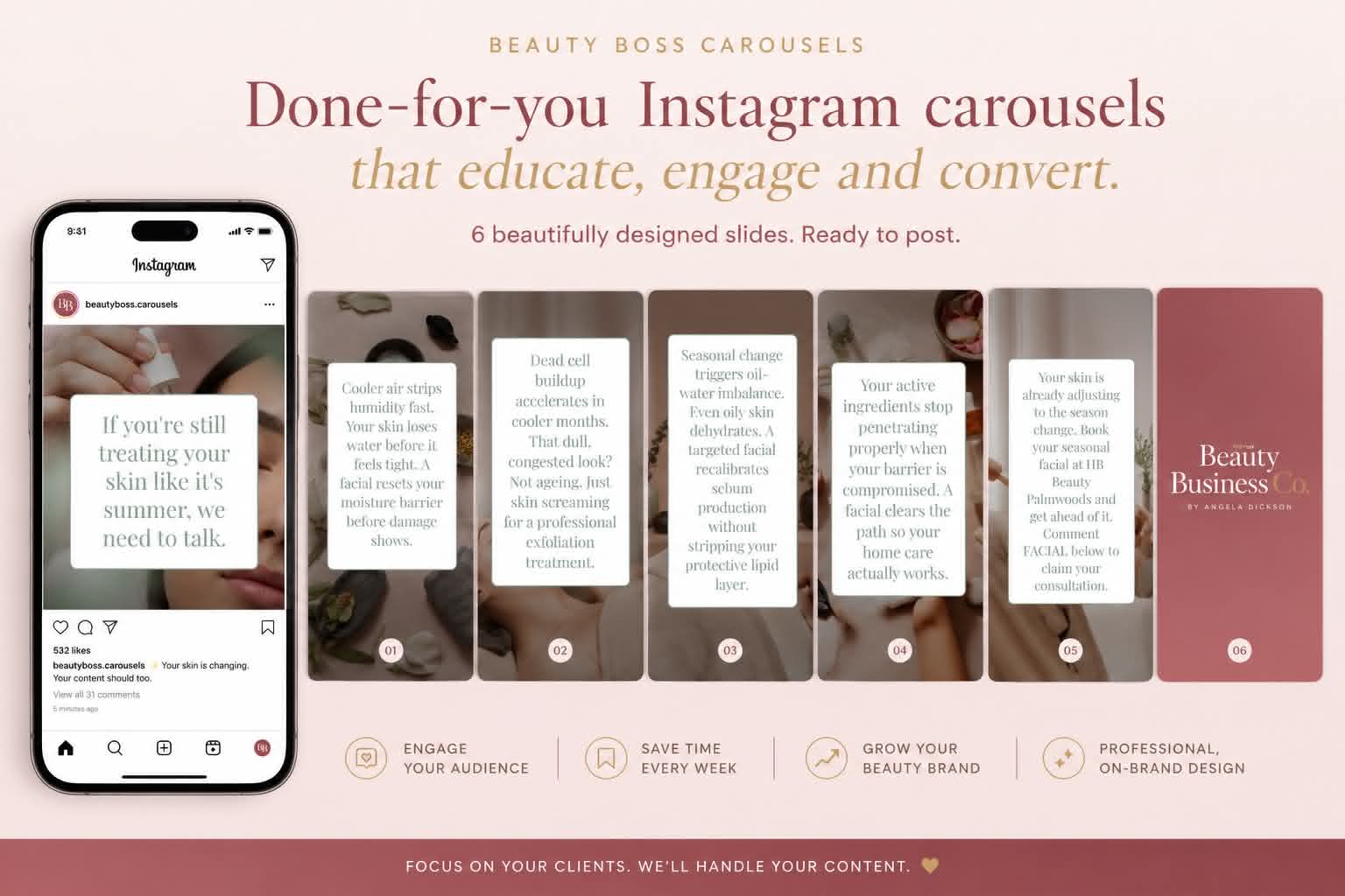 Beauty Boss Carousels Instagram preview with 6 designed slides